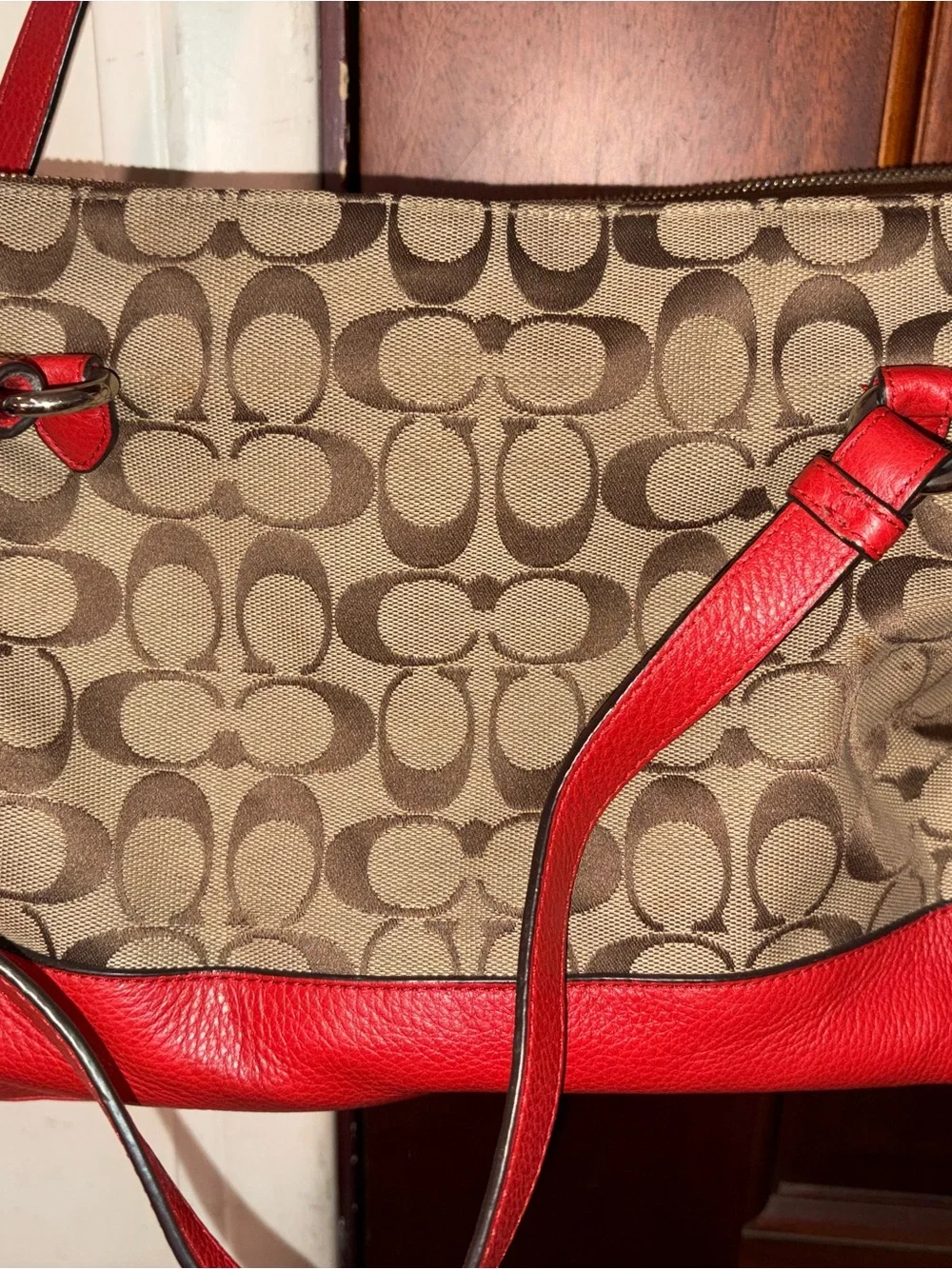 Coach Brown Signature Canvas Shoulder Bag with orange/red Trim
